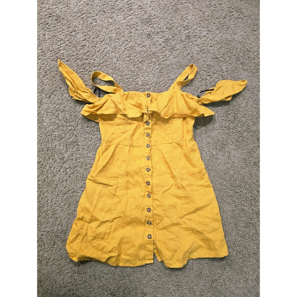 Forever 21 Mustard Yellow 100% Linen Cold Shoulder Ruffle Mini Dress Medium - Picture 5 of 11